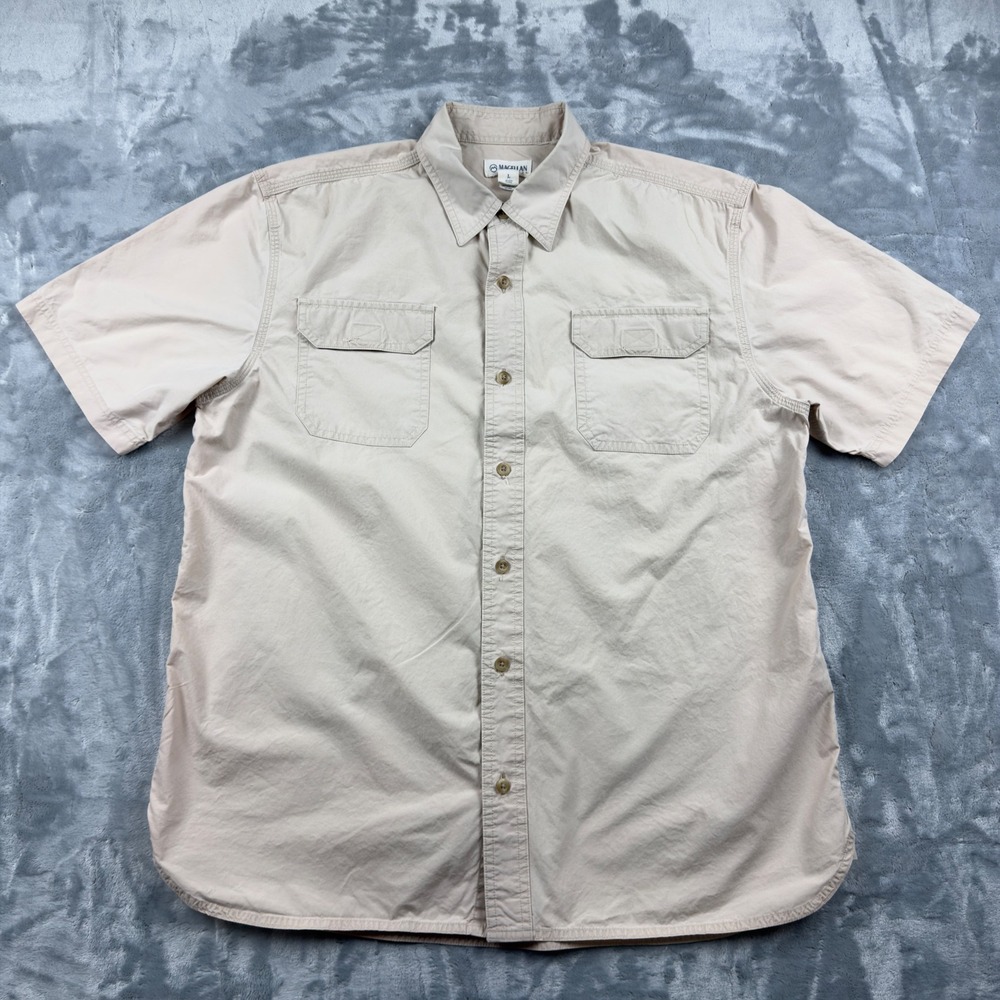 Magellan Outdoors Mens Large Tan Khaki Cotton Short Sleeve Button Down Shirt